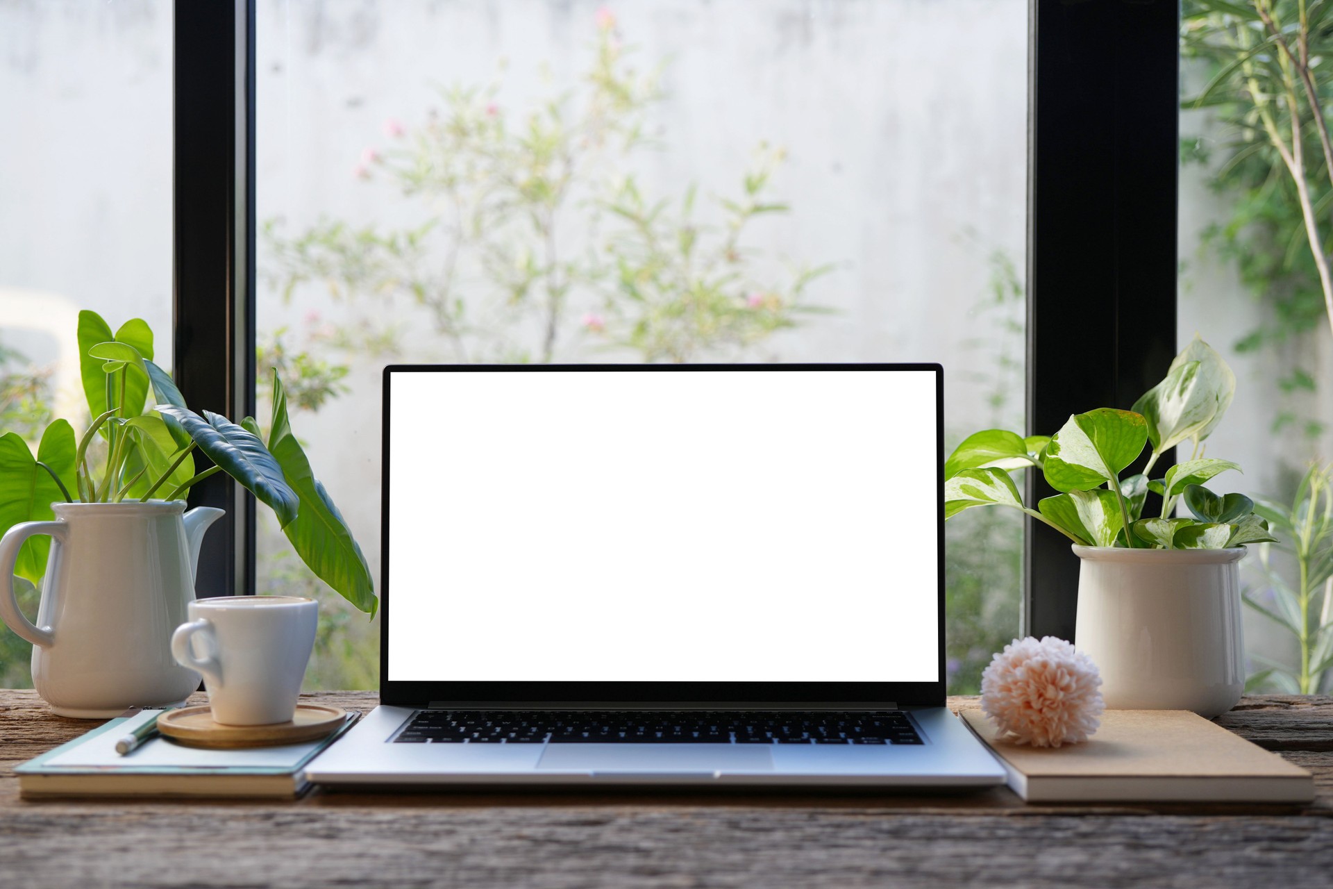 Laptop with white screen and coffee cup and pink flower, cozy indoor work space